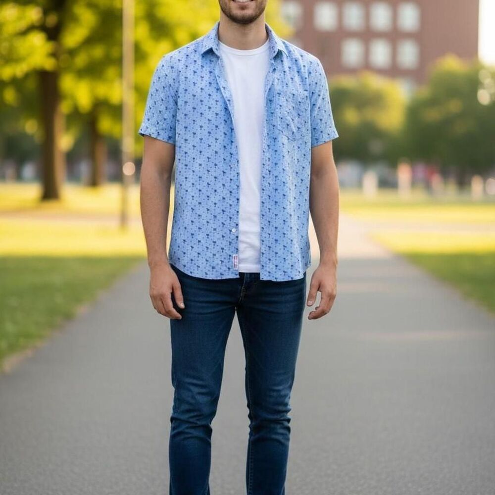 Blue Geo Print Short Sleeve Button Down - Coastal / Minimalist, unisex small